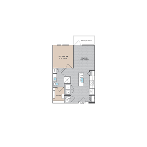 A diagram of a floor plan for a small apartment with a bedroom, living room, and bathroom.